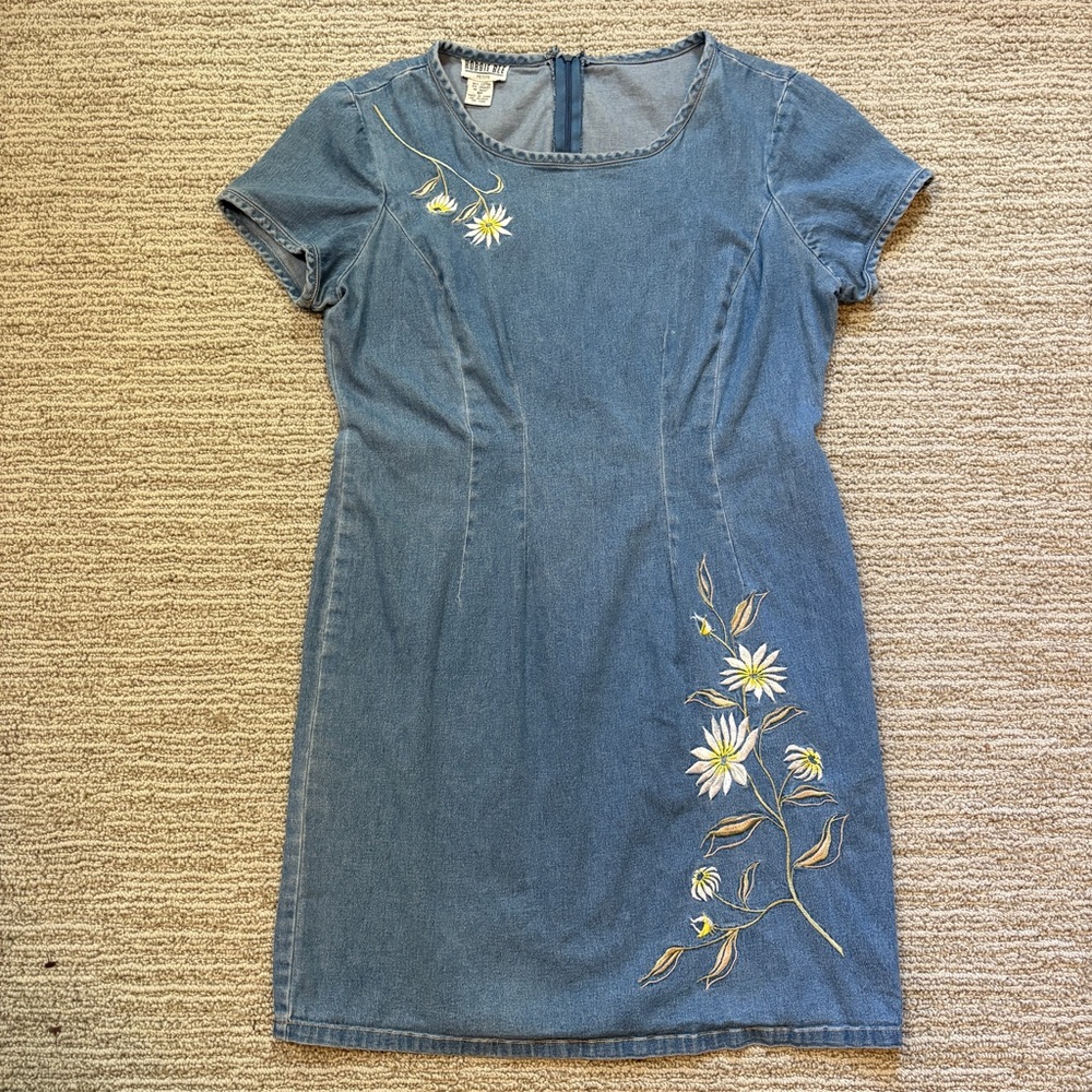 Robbie Bee 90s Vintage Floral Embroidered Denim Short Sleeve Mini Dress 8 8P